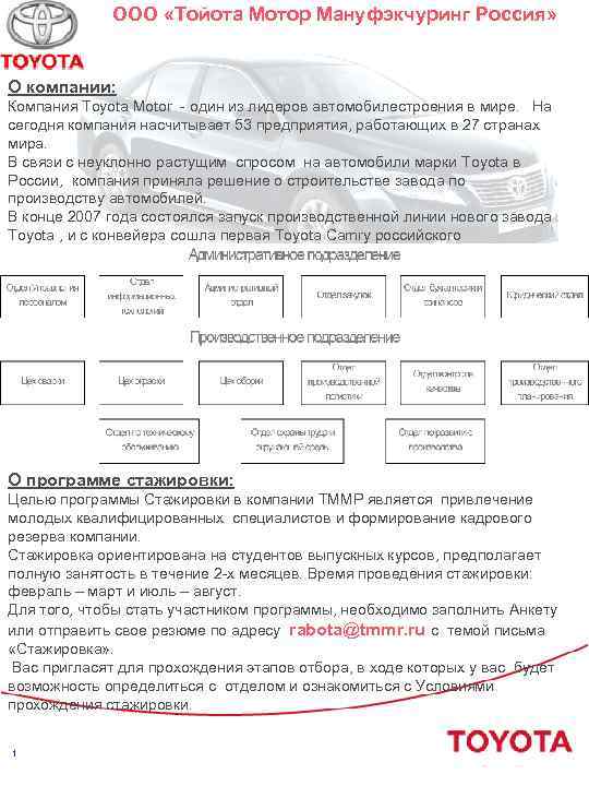 ООО «Тойота Мотор Мануфэкчуринг Россия» О компании: Компания Toyota Motor - один из лидеров