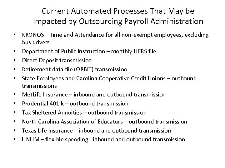 Current Automated Processes That May be Impacted by Outsourcing Payroll Administration • KRONOS –