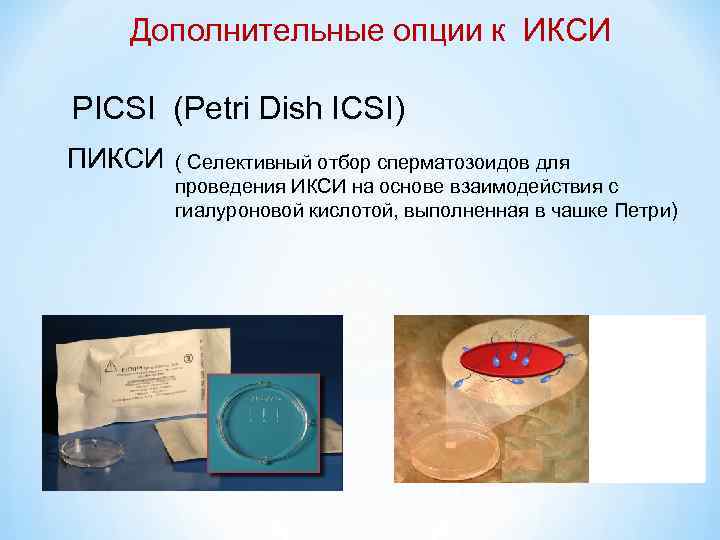 Дополнительные опции к ИКСИ PICSI (Petri Dish ICSI) ПИКСИ ( Селективный отбор сперматозоидов для