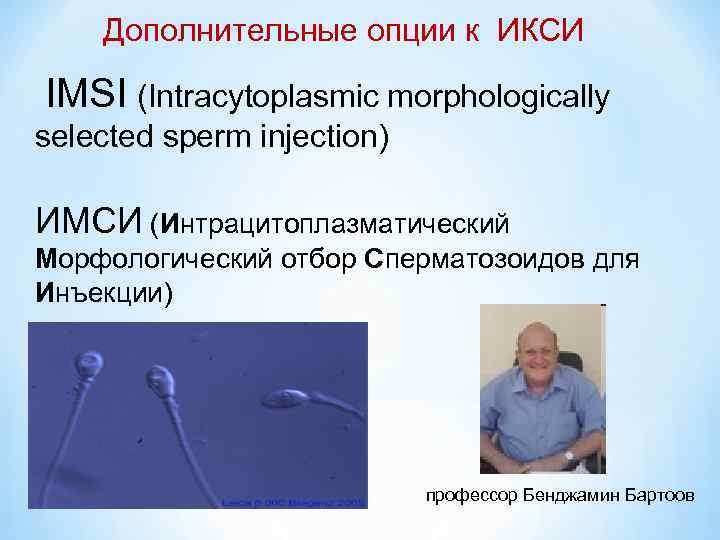 Дополнительные опции к ИКСИ IMSI (Intracytoplasmic morphologically selected sperm injection) ИМСИ (Интрацитоплазматический Морфологический отбор