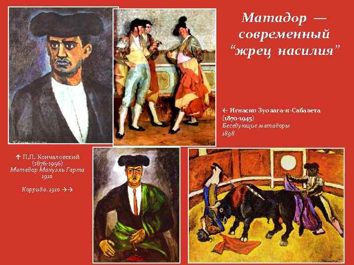 Матадор — современный “жрец насилия” ← Игнасио Зуолага-и-Сабалета (1870 -1945) Беседующие матадоры 1898 ↑