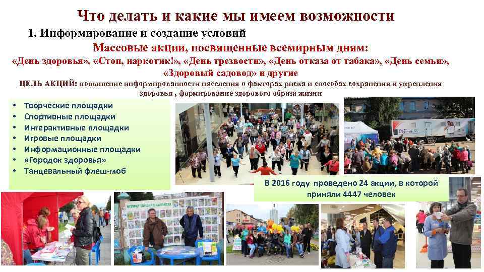 Что делать и какие мы имеем возможности 1. Информирование и создание условий Массовые акции,