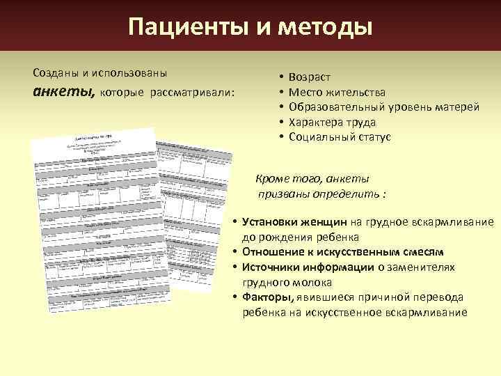 Пациенты и методы Созданы и использованы анкеты, которые рассматривали: • • • Возраст Место