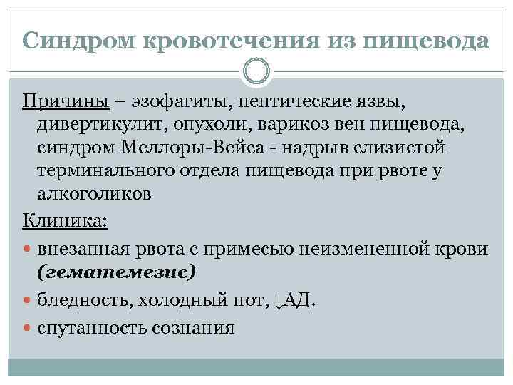 Синдром кровотечения из пищевода Причины – эзофагиты, пептические язвы, дивертикулит, опухоли, варикоз вен пищевода,