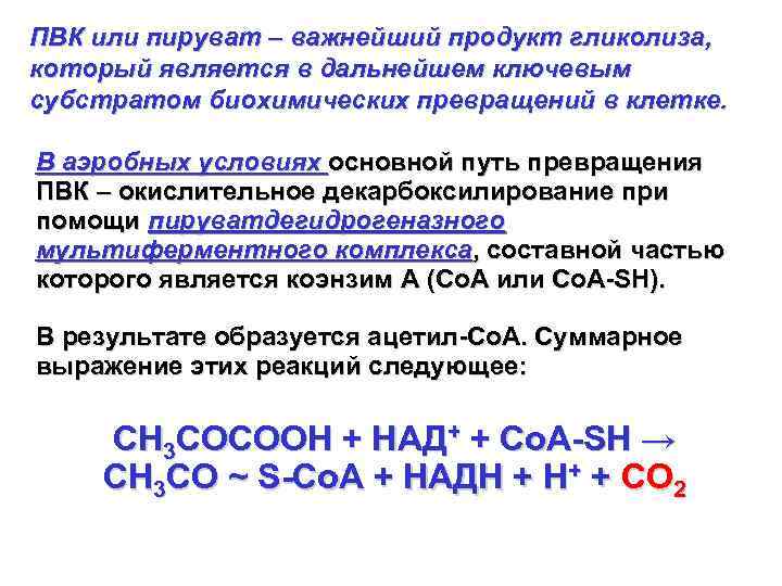 ПВК или пируват – важнейший продукт гликолиза, который является в дальнейшем ключевым субстратом биохимических