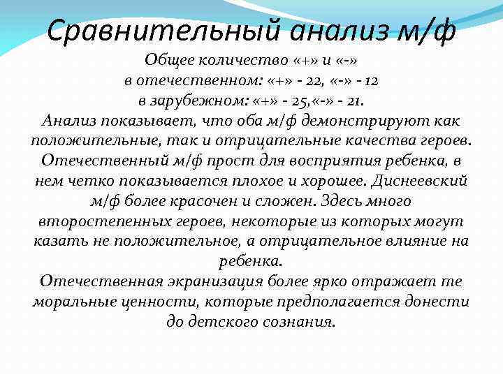 Сравнительный анализ м/ф Общее количество «+» и «-» в отечественном: «+» - 22, «-»