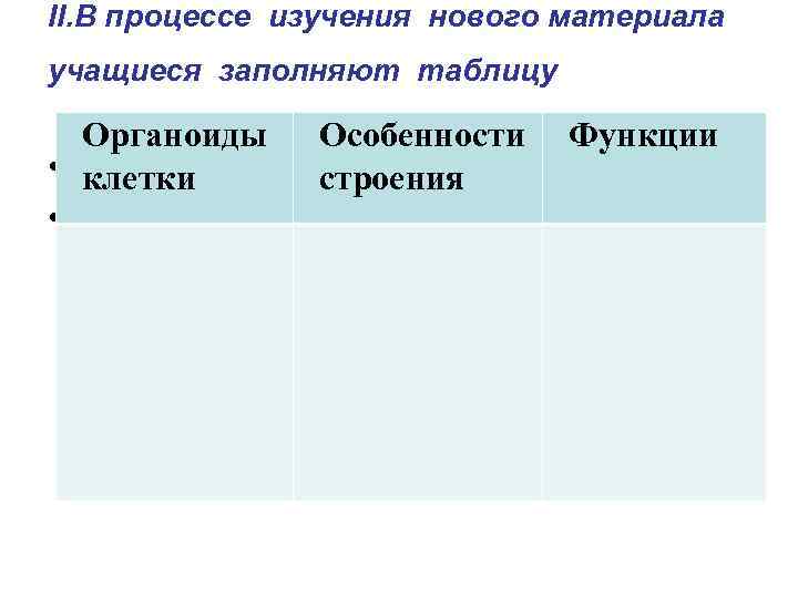 II. В процессе изучения нового материала учащиеся заполняют таблицу Органоиды • клетки • Особенности