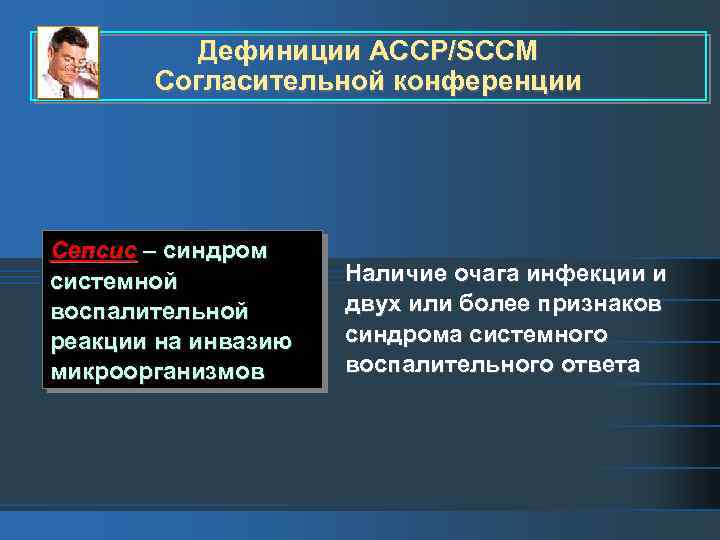 Дефиниции ACCP/SCCM Согласительной конференции Сепсис – синдром системной воспалительной реакции на инвазию микроорганизмов Наличие