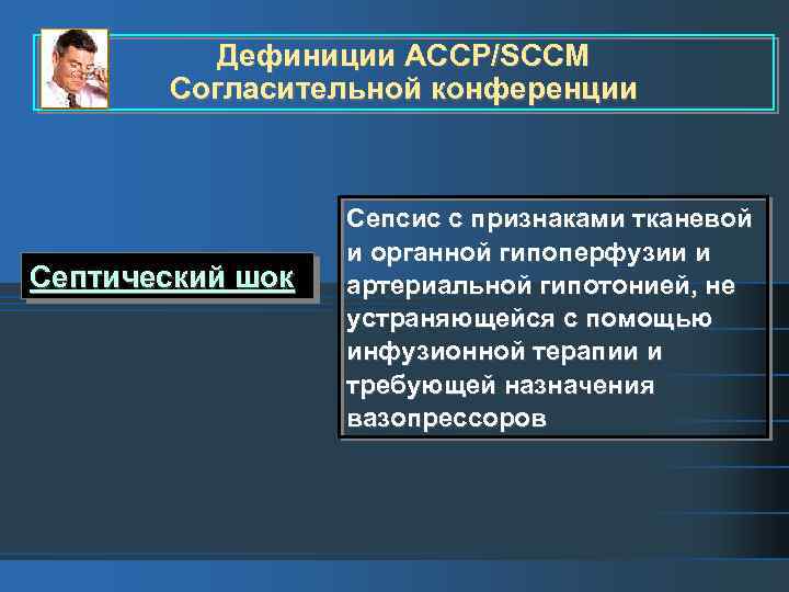 Дефиниции ACCP/SCCM Согласительной конференции Септический шок Сепсис с признаками тканевой и органной гипоперфузии и