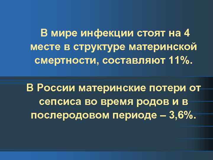 В мире инфекции стоят на 4 месте в структуре материнской смертности, составляют 11%. В