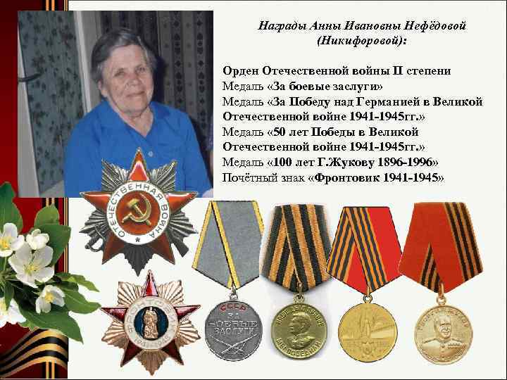Награды Анны Ивановны Нефёдовой (Никифоровой): Орден Отечественной войны II степени Медаль «За боевые заслуги»