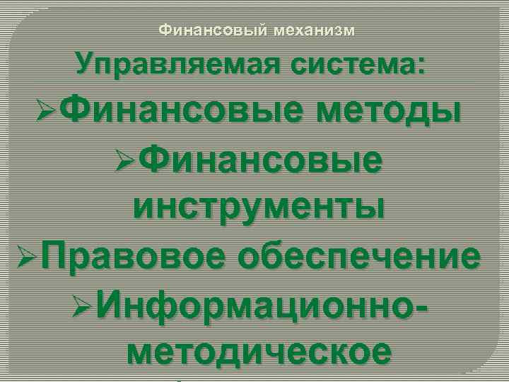 Финансовый механизм Управляемая система: ØФинансовые методы ØФинансовые инструменты ØПравовое обеспечение ØИнформационнометодическое 