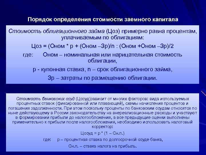 Порядок определения заемного капитала. Оценка стоимости заемного капитала.