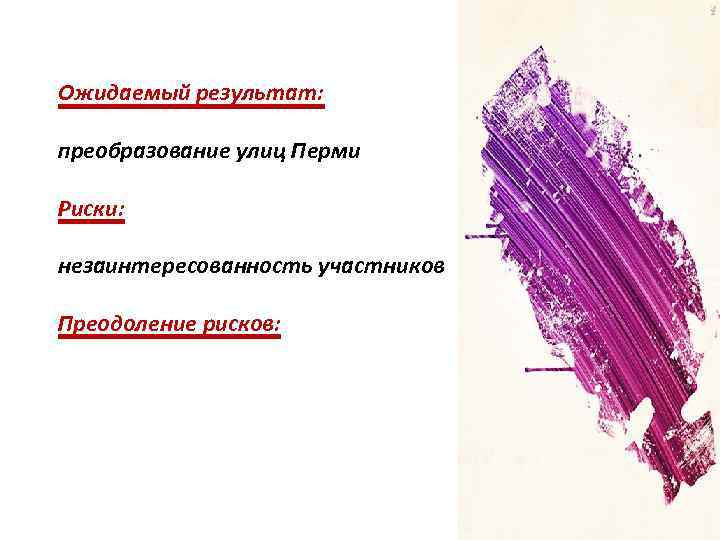 Ожидаемый результат: преобразование улиц Перми Риски: незаинтересованность участников Преодоление рисков: 