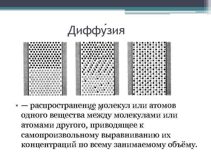 Диффу зия • — распространение молекул или атомов одного вещества между молекулами или атомами