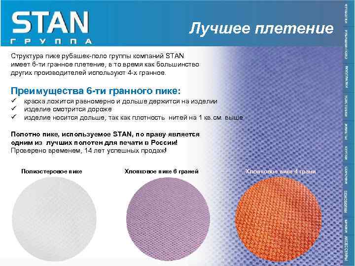 Лучшее плетение Структура пике рубашек-поло группы компаний STAN имеет 6 -ти гранное плетение, в