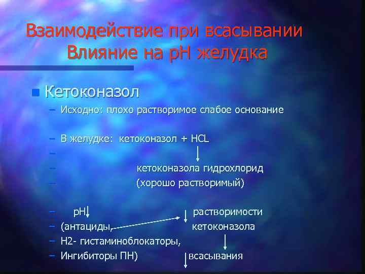 Взаимодействие при всасывании Влияние на р. Н желудка n Кетоконазол – Исходно: плохо растворимое