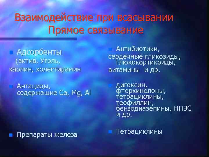 Взаимодействие при всасывании Прямое связывание Антибиотики, сердечные гликозиды, глюкокортикоиды, витамины и др. Адсорбенты n