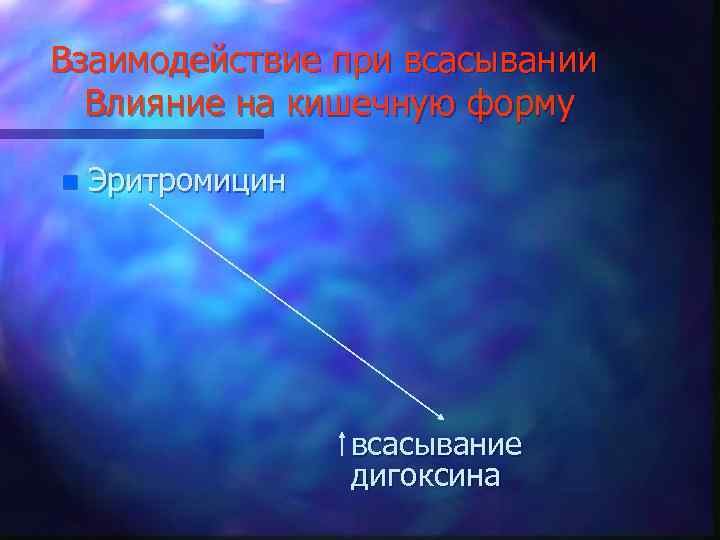 Взаимодействие при всасывании Влияние на кишечную форму n Эритромицин всасывание дигоксина 