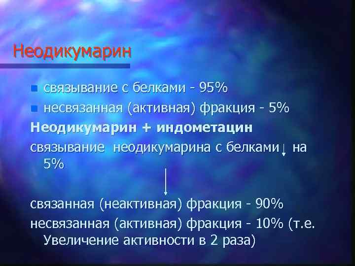 Неодикумарин связывание с белками - 95% n несвязанная (активная) фракция - 5% Неодикумарин +