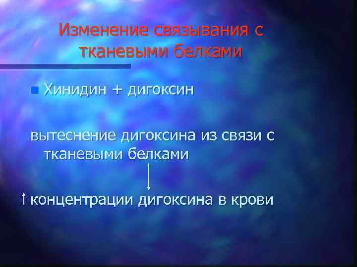 Изменение связывания с тканевыми белками n Хинидин + дигоксин вытеснение дигоксина из связи с