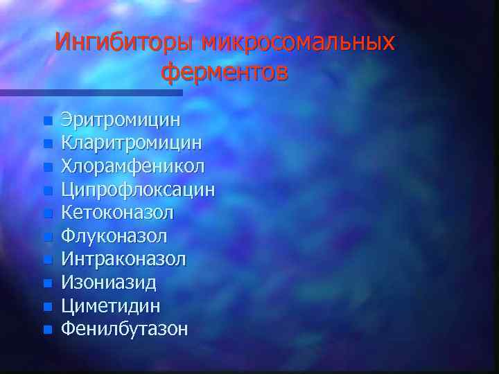 Ингибиторы микросомальных ферментов n n n n n Эритромицин Кларитромицин Хлорамфеникол Ципрофлоксацин Кетоконазол Флуконазол
