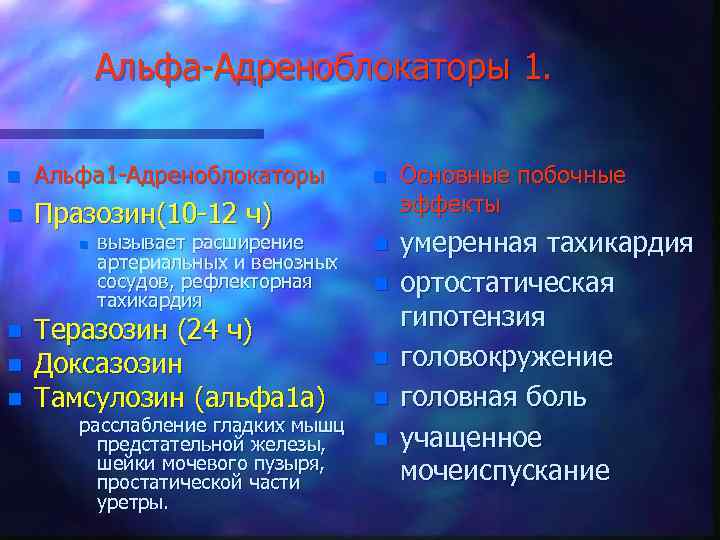 Альфа-Адреноблокаторы 1. n Альфа 1 -Адреноблокаторы n Празозин(10 -12 ч) n n вызывает расширение