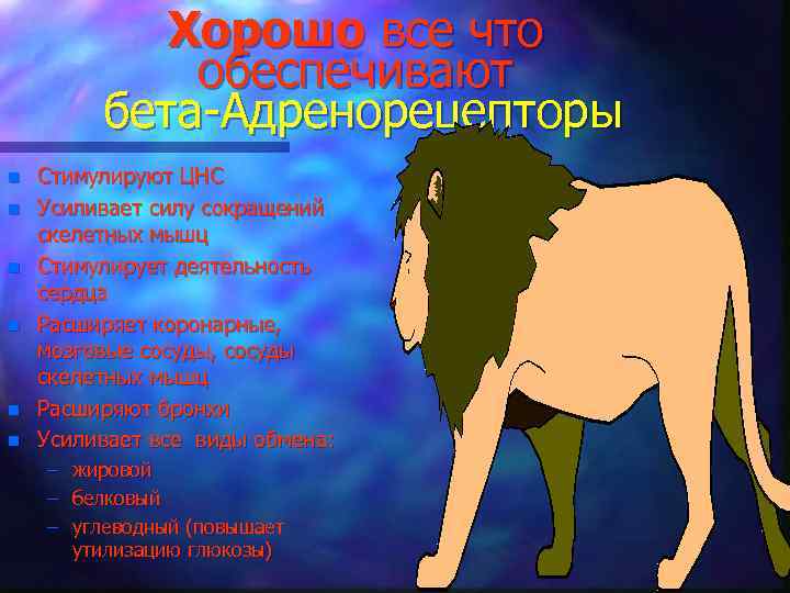 Хорошо все что обеспечивают бета-Адренорецепторы n n n Стимулируют ЦНС Усиливает силу сокращений скелетных