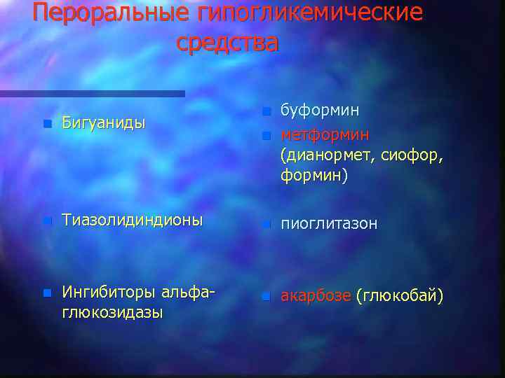 Пероральные гипогликемические средства n буформин метформин (дианормет, сиофор, формин) Тиазолидиндионы n пиоглитазон Ингибиторы альфаглюкозидазы