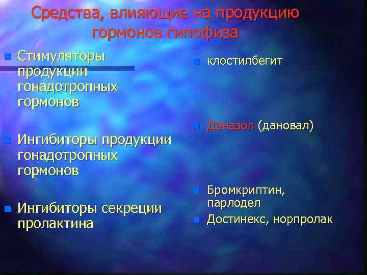 Средства, влияющие на продукцию гормонов гипофиза n Стимуляторы продукции гонадотропных гормонов n Ингибиторы продукции