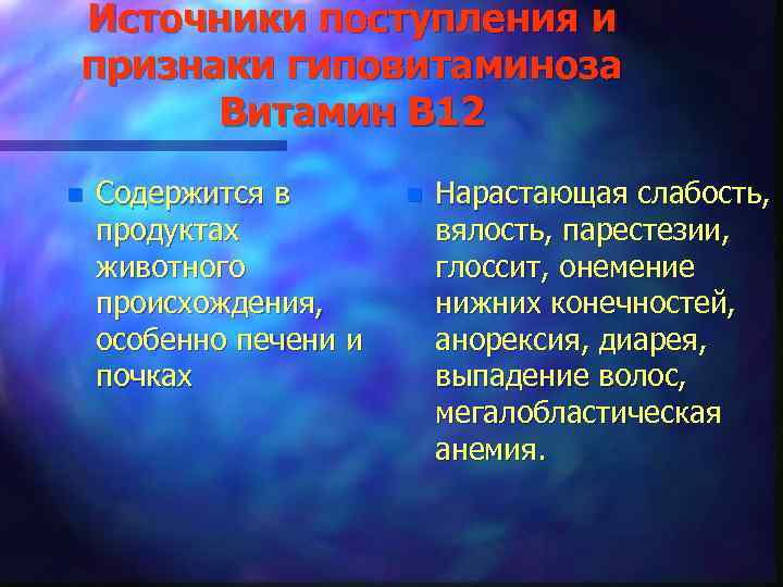 Источники поступления и признаки гиповитаминоза Витамин В 12 n Содержится в продуктах животного происхождения,