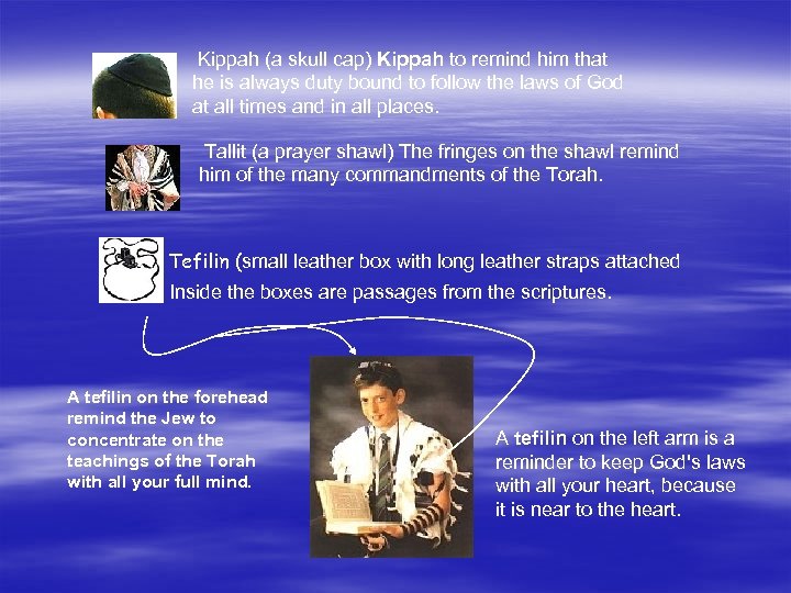  Kippah (a skull cap) Kippah to remind him that he is always duty