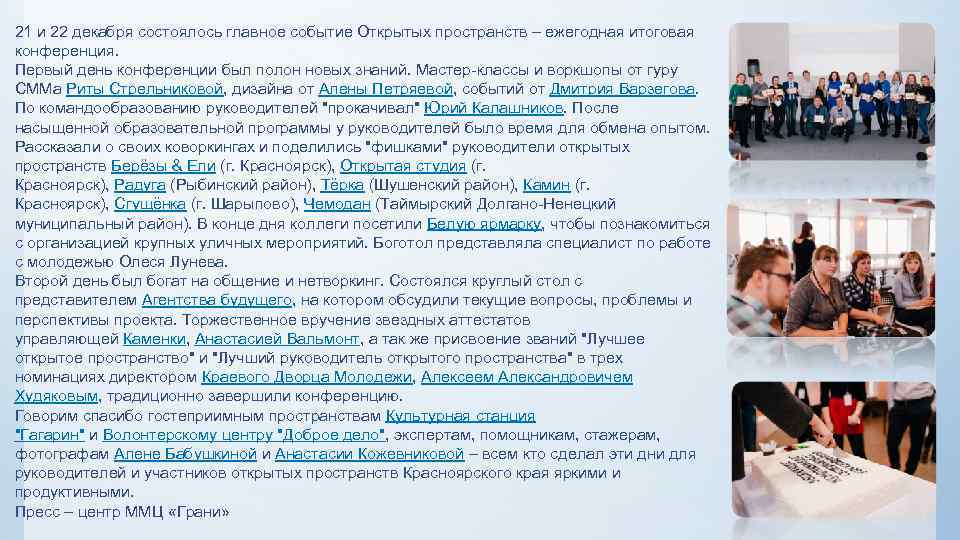 21 и 22 декабря состоялось главное событие Открытых пространств – ежегодная итоговая конференция. Первый