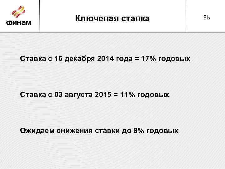 Ключевая ставка Ставка с 16 декабря 2014 года = 17% годовых Ставка с 03