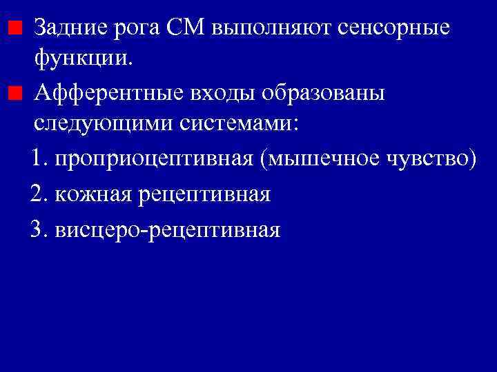 Задние рога СМ выполняют сенсорные функции. Афферентные входы образованы следующими системами: 1. проприоцептивная (мышечное