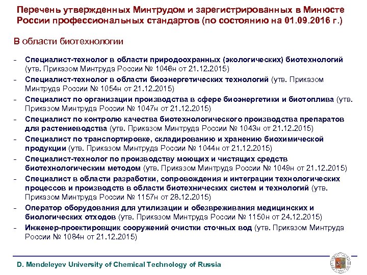 Перечень утвержденных Минтрудом и зарегистрированных в Минюсте России профессиональных стандартов (по состоянию на 01.