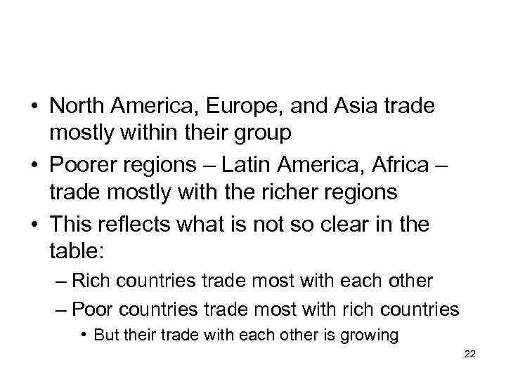  • North America, Europe, and Asia trade mostly within their group • Poorer