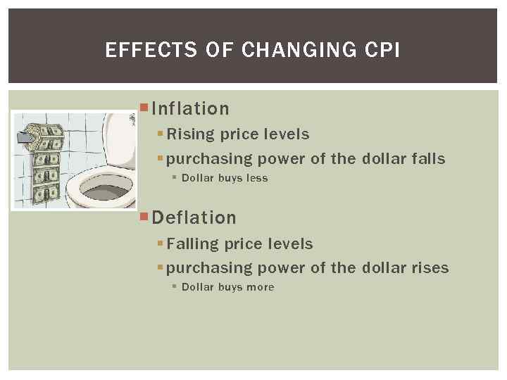EFFECTS OF CHANGING CPI Inflation § Rising price levels § purchasing power of the