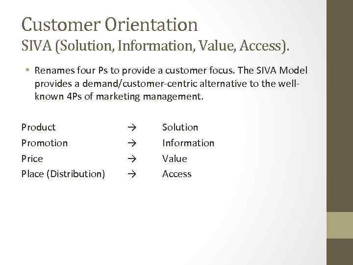Customer Orientation SIVA (Solution, Information, Value, Access). • Renames four Ps to provide a