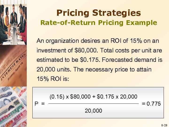 Pricing Strategies Rate-of-Return Pricing Example An organization desires an ROI of 15% on an