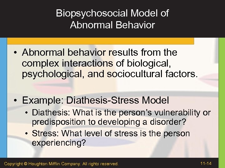 Biopsychosocial Model of Abnormal Behavior • Abnormal behavior results from the complex interactions of