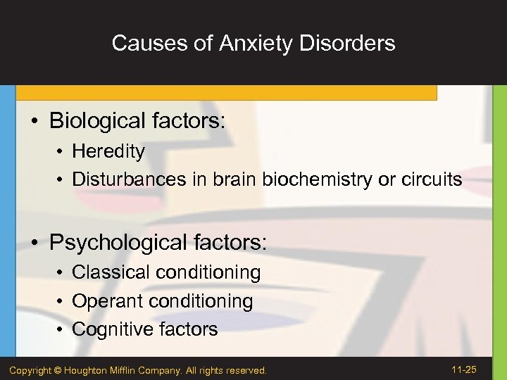 Causes of Anxiety Disorders • Biological factors: • Heredity • Disturbances in brain biochemistry