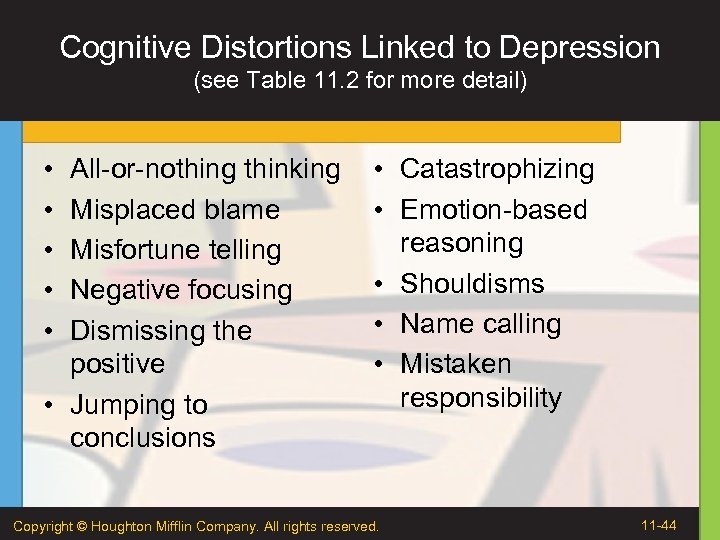 Cognitive Distortions Linked to Depression (see Table 11. 2 for more detail) • •