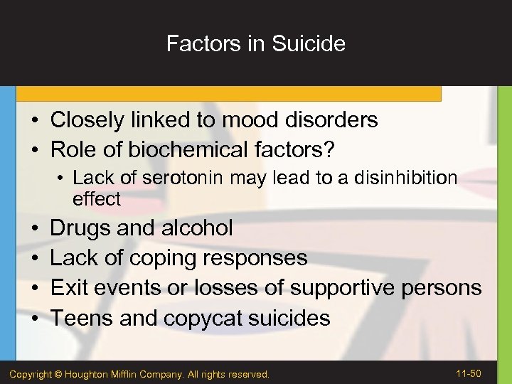 Factors in Suicide • Closely linked to mood disorders • Role of biochemical factors?