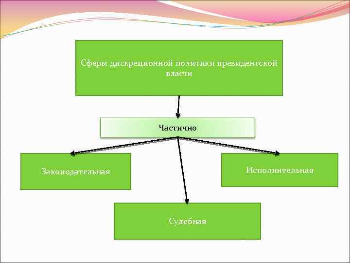 Сферы дискреционной политики президентской власти Частично Исполнительная Законодательная Судебная 