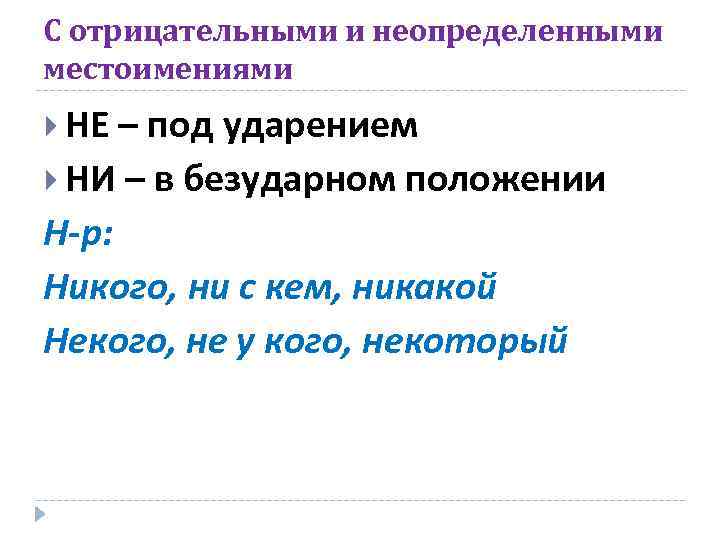 С отрицательными и неопределенными местоимениями НЕ – под ударением НИ – в безударном положении