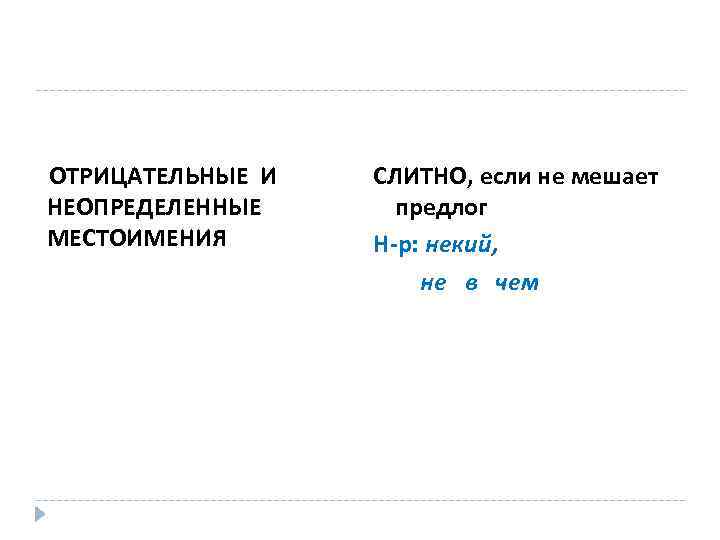ОТРИЦАТЕЛЬНЫЕ И НЕОПРЕДЕЛЕННЫЕ МЕСТОИМЕНИЯ СЛИТНО, если не мешает предлог Н-р: некий, не в чем