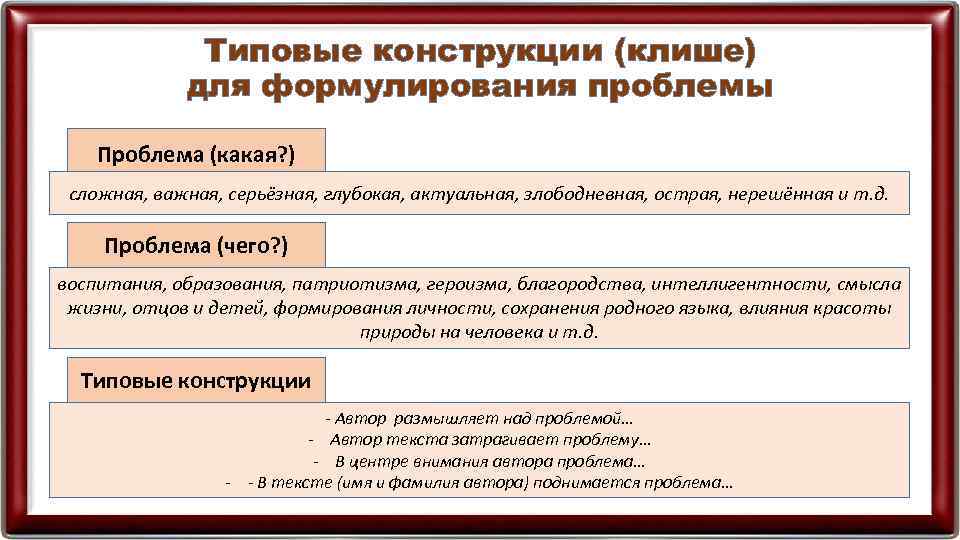 Типовые конструкции (клише) для формулирования проблемы Проблема (какая? ) сложная, важная, серьёзная, глубокая, актуальная,