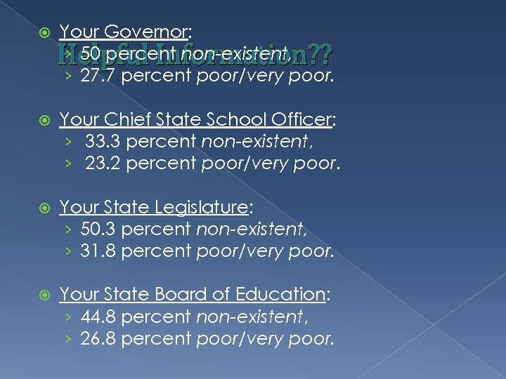  Your Governor: › 50 percent non-existent, › 27. 7 percent poor/very poor. Helpful
