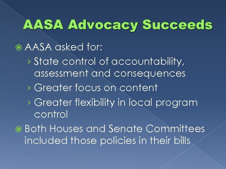 AASA Advocacy Succeeds AASA asked for: › State control of accountability, assessment and consequences